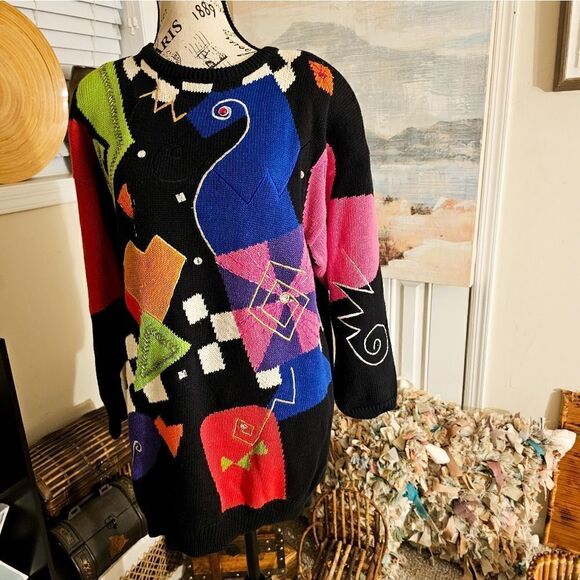 Vtg I.B Diffusion Sweater 90's Bold Retro Geometric Print Embellished Rhinestone - Picture 14 of 15